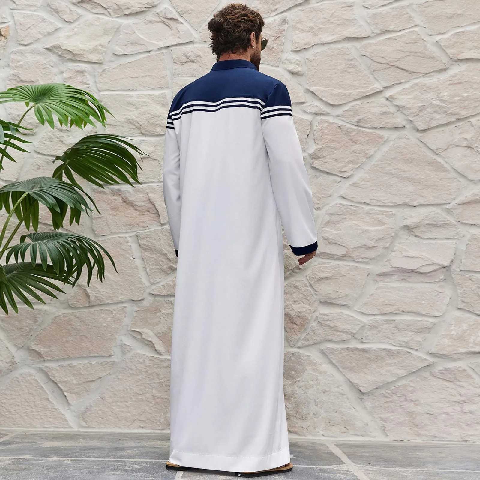 2025 Muslim Robe Comfortable Men Caftan Long Sleeve Contrast Color Muslim Clothing Mandarin Neck Muslim Robe for Middle East X250514
