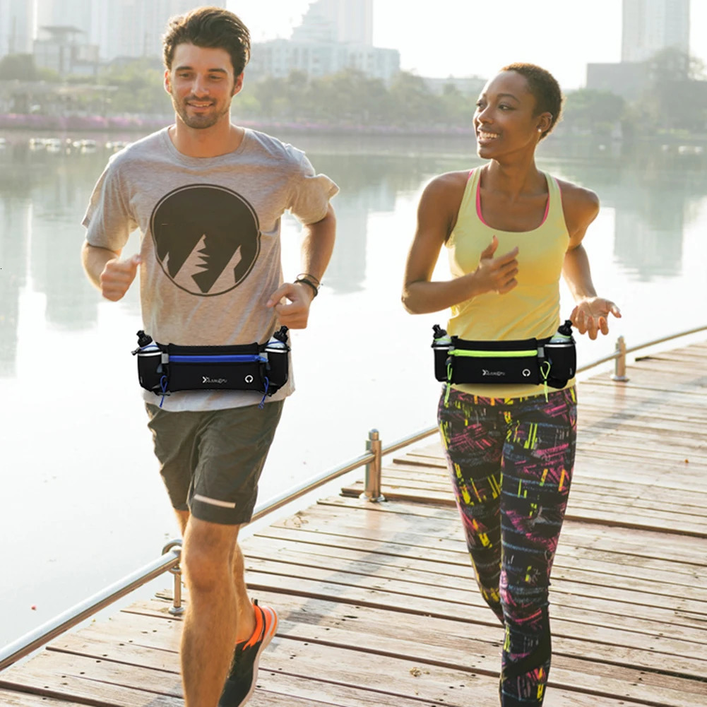 Waist Pack with Bottles Multiple Pockets Fanny Reflective Strip Bag Adjustable Strap for Running Hiking Climbing 250514