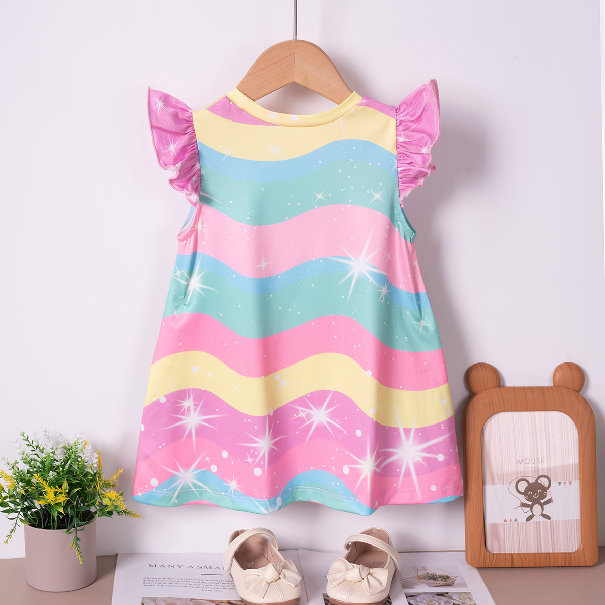 New summer baby girls dresses rainbow unicorn cute cartoon printing small fly sleeve short dress, daily wear and party wear, suitable for outings FJ05