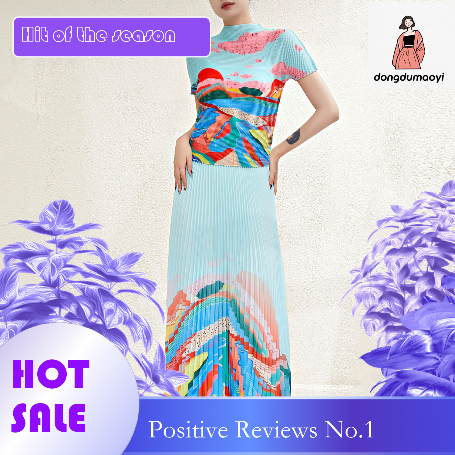 dongdumaoyi Miyake printed T-shirt, women's summer new style, pleated half skirt, small fashionable, age reducing and stylish two-piece set