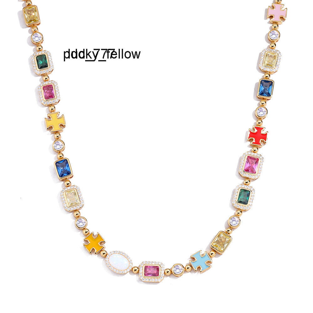 Nuoya 10mm Custom Multi Color Enamel Bling Moissanite Stone Chain Silver Geometric Gemstone Motif Iced Out Chain Necklace