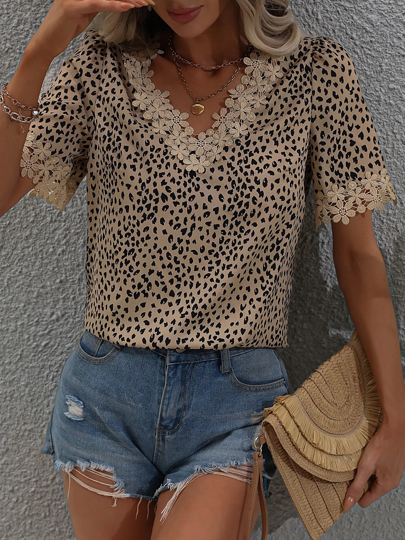 Elegant casual womens shirt Vneck short sleeve lace full body printed 250514