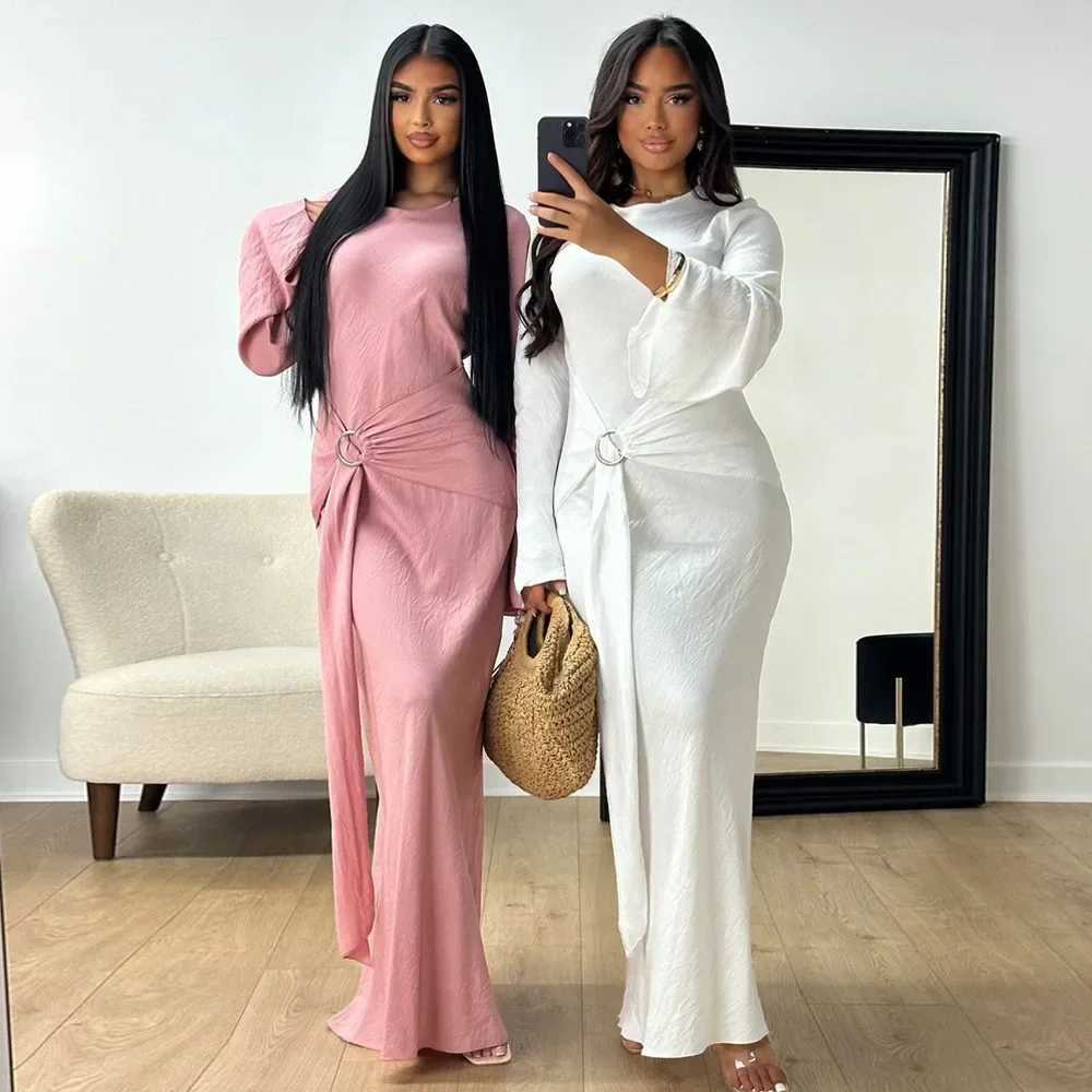 Eid Mubarak Dubai Women Bodycon Abayas Maxi Dress Belt Muslim Islam Clothing Jalabiya Turkey Kaftan Marocain Femme Vestido Gowns X250514