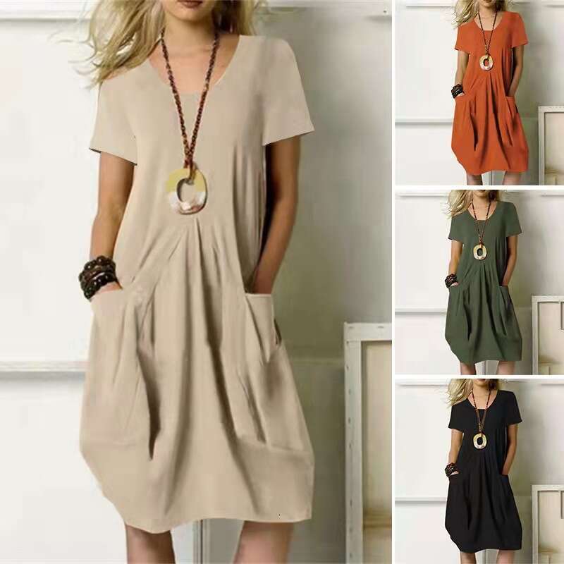 Women Clothes Dress Summer New Cotton Linen Solid Loose Round Neck Short Sleeve Dress KQ