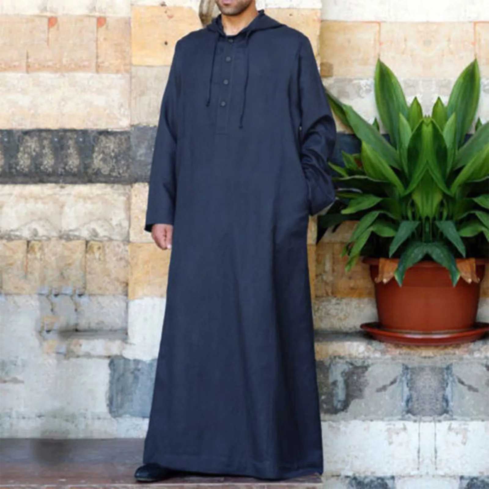 Mens Hooded Muslim Robe Button Long Sleeve Casual Jubba Thobe 2025 Ramadan Muslim Prayer Robe Arabian Islamic Clothes Djellaba X250514