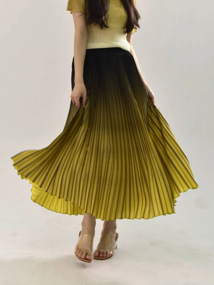 Women Gradient Pleated Midi Skirt Summer HIgh Street Clothes Elegant 250514