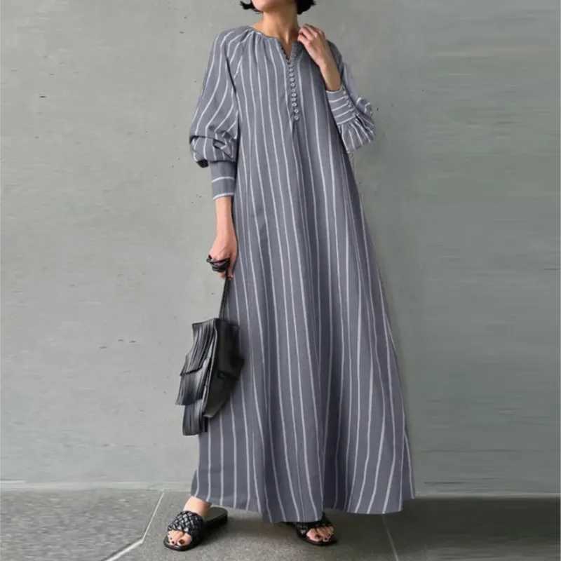2025 Cotton Linen Printed Dress Long Sleeve Round Neck Casual Loose Maxi A-line Dresses For Women Commuting Dresses For WomenXJ250514