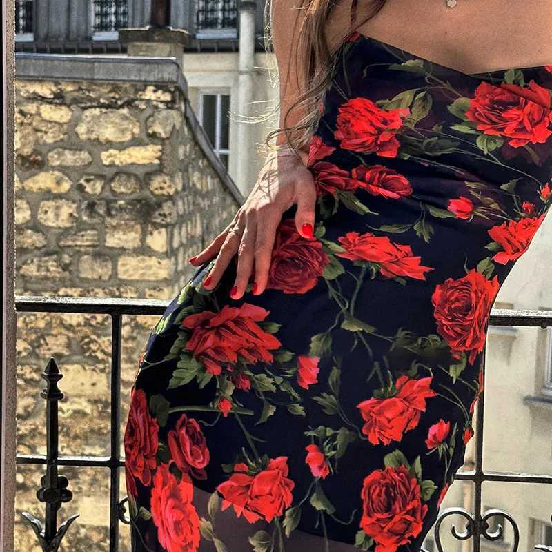 Flower Print Spaghetti Strap Dresses Women Temperament Package Hip Bodycon Long Dress Fashion Sexy Backless Lady Slim DressesXJ250514