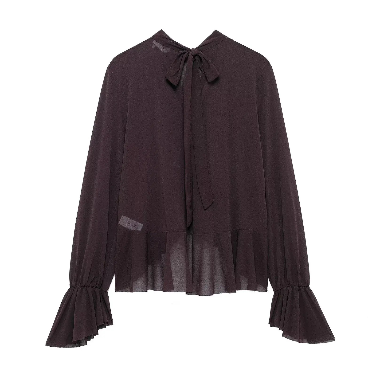 Zevity Women Fashion Brown Back Bow Lace Up Hem Ruffled Pleated Pullover Blouse Vintage Female Chic Lady Shirts Tops LS2602 250514