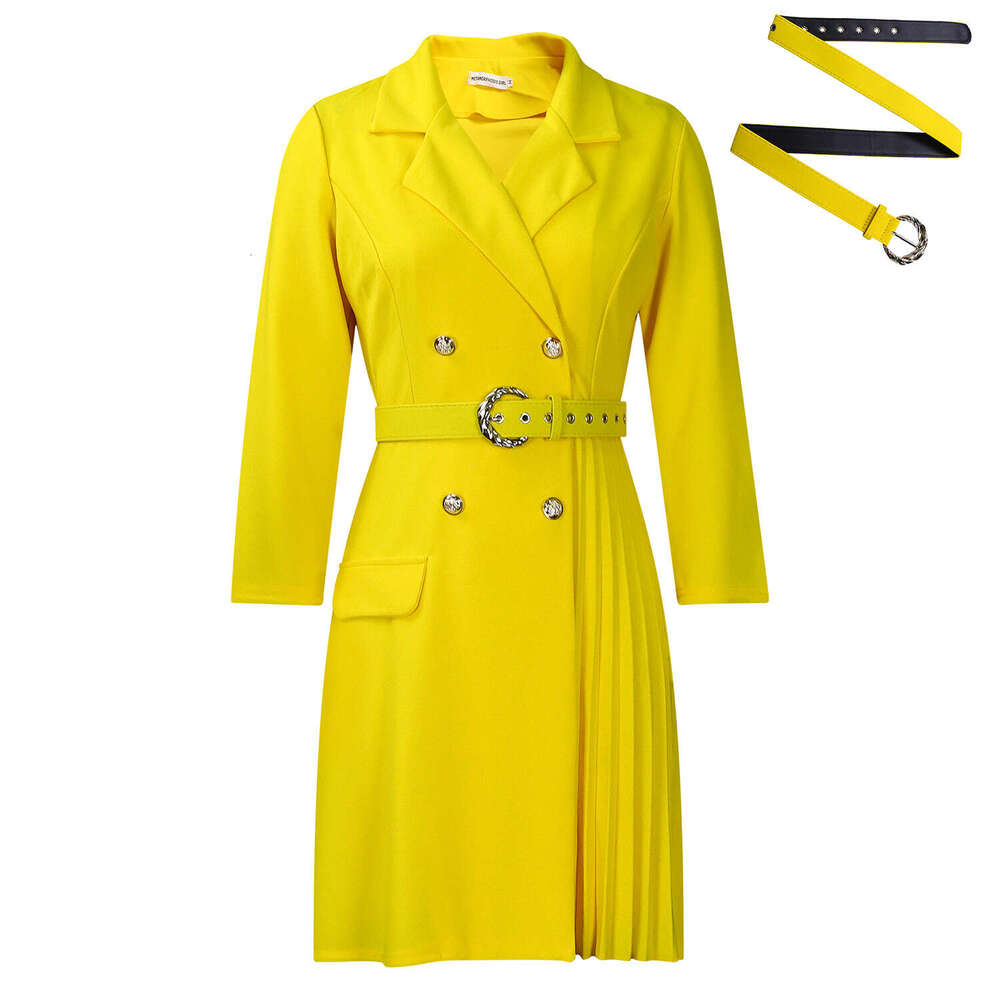 Women's Wear New High Waisted Fashionable Cinching Waist Pleating Splicing Mid Length Suit Dress