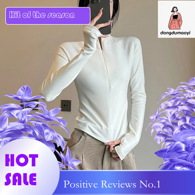 dongdumaoyi Double sided German velvet zipper bottom shirt for women, 2023 autumn and winter new item, slim fit warm long sleeved stand up collar top 