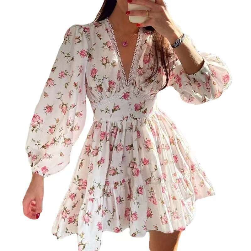 Women Clothes Dress Spring Women S New Style Sweet Printed V Neck Lace Short Dress KQ
