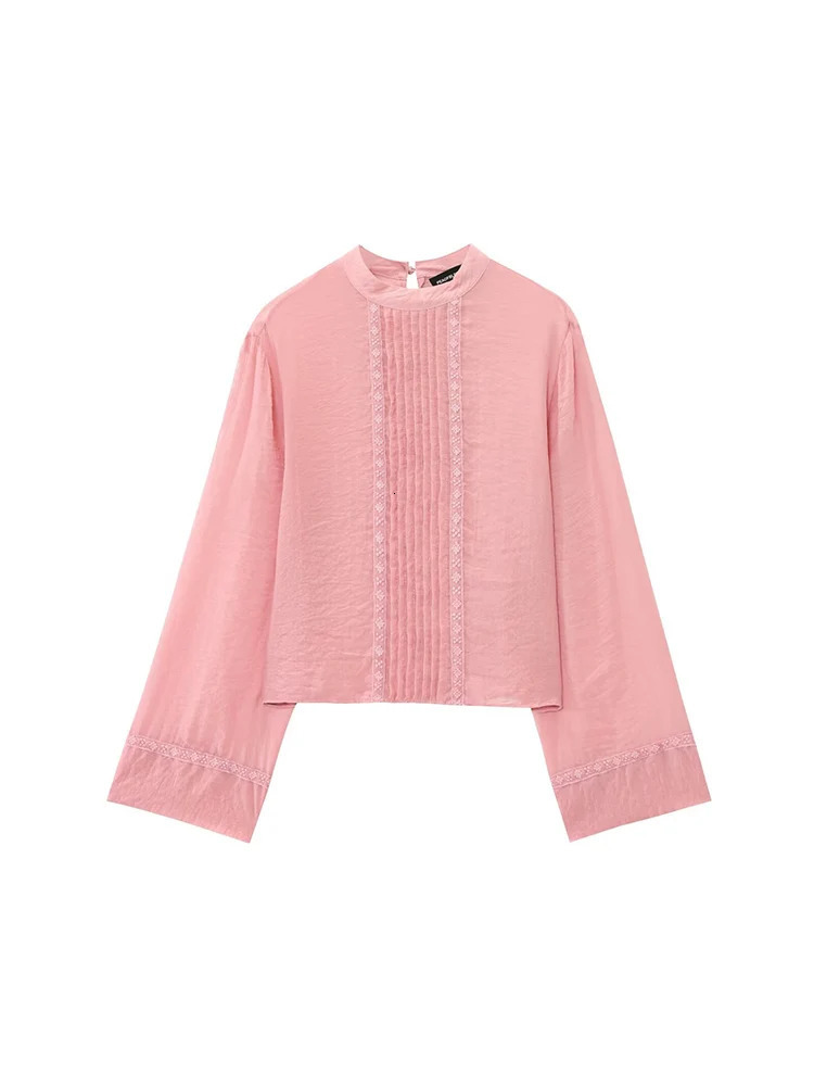 TFMLN Summer Fashion Women Lace Spliced Pullover Shirt Solid Color Stand Neck Long Sleeve Elegant Casual Blouse 250514