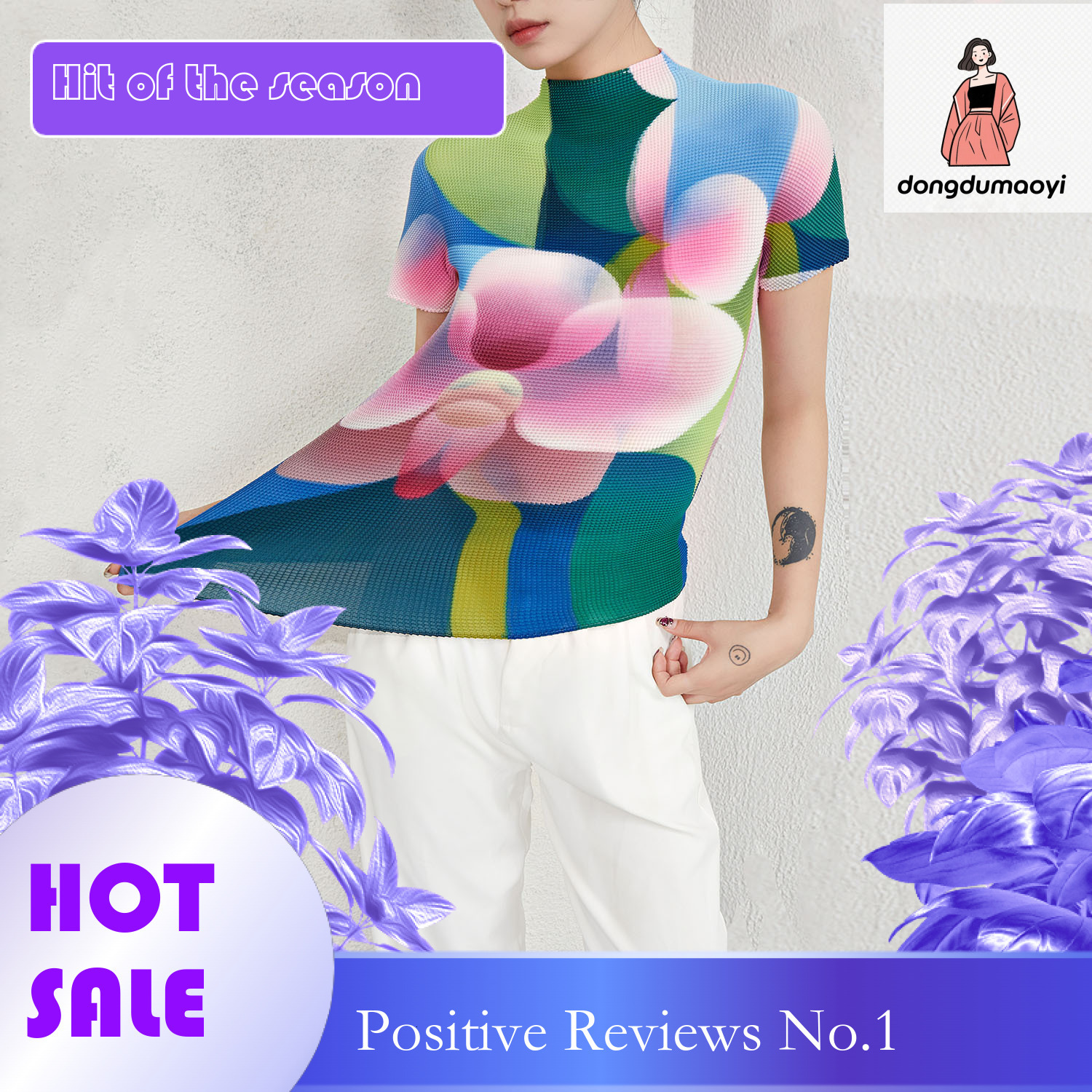 dongdumaoyi High end pleated short sleeved three bedroom top for women in summer, colorful slim elasticity, tight fit, plus size, high neck, light lux