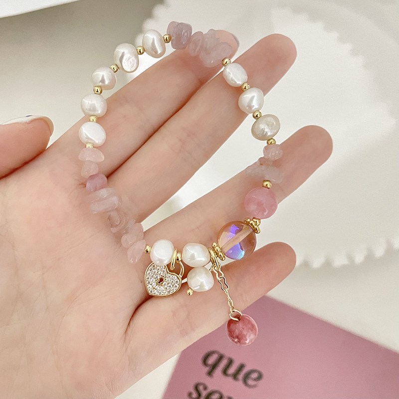 version personalized fashion Korean style strawberry crystal jewelry electroplated 14K pearl copper zirconium elastic bracelet
