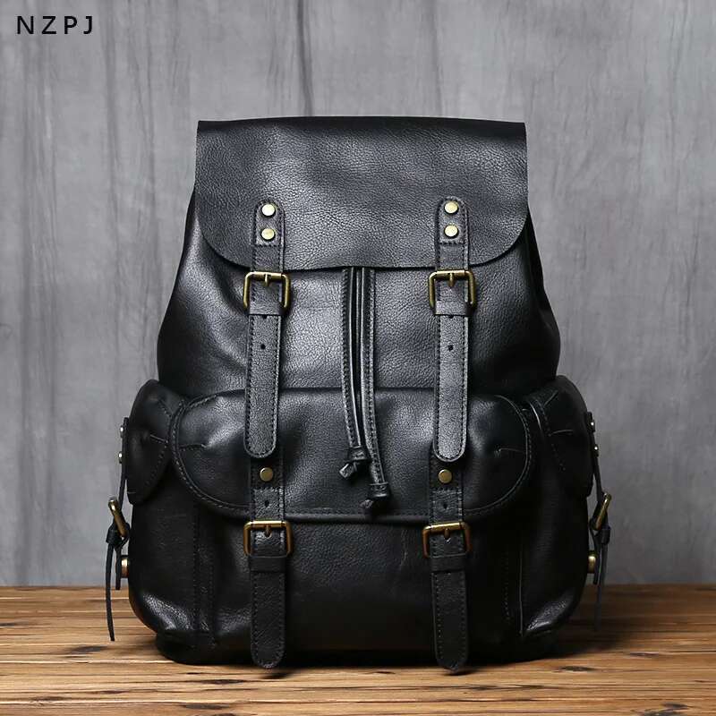 NZPJ Genuine Leather Casual Men's Natural Cowhide Book Laptop Computer Bag Large Capacity Backpack