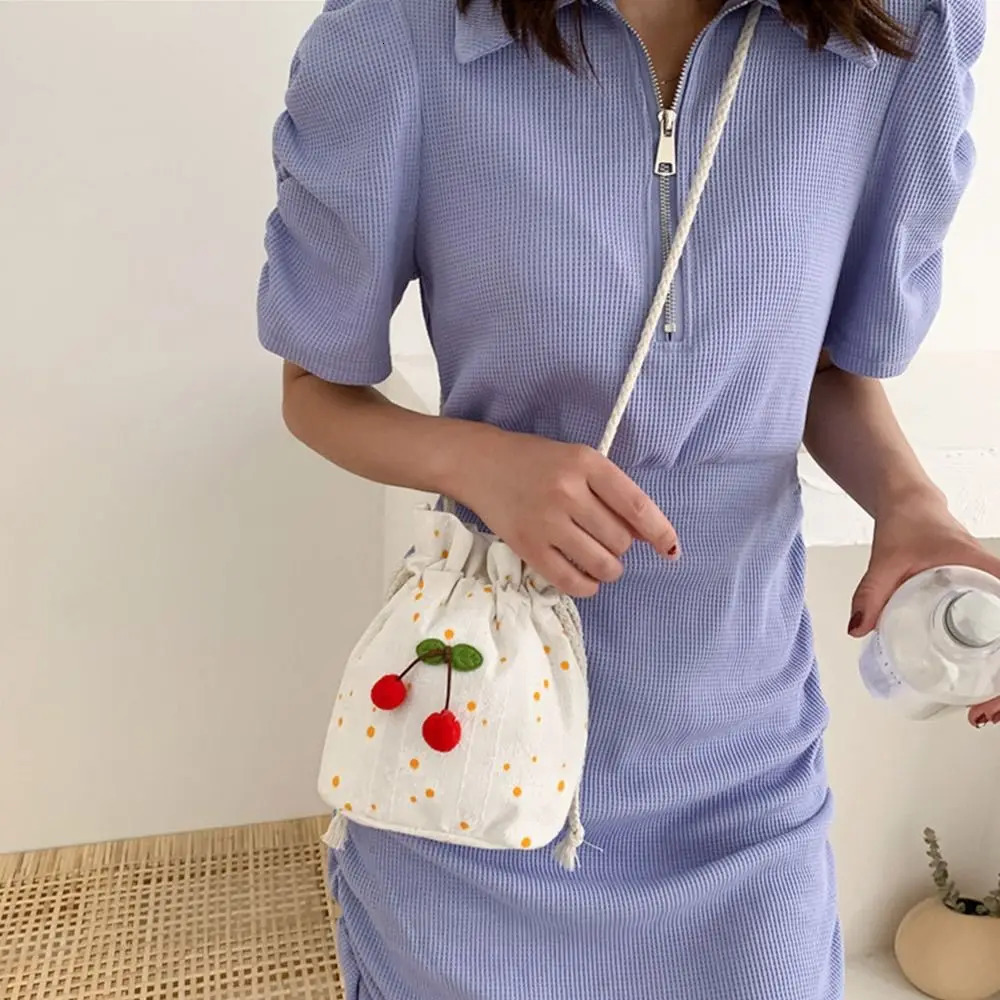 Korean Cute Canvas Cherry Bucket Bag for Women Summer Simple Casual Small Crossbody Female Fashion Shoulder Bags 250514