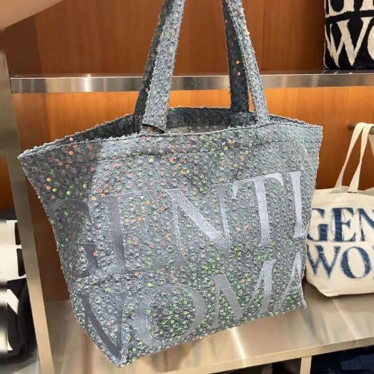 Thai letter glitter washed denim item bling large capacity tote bag 2025 temperament versatile new trend ins
