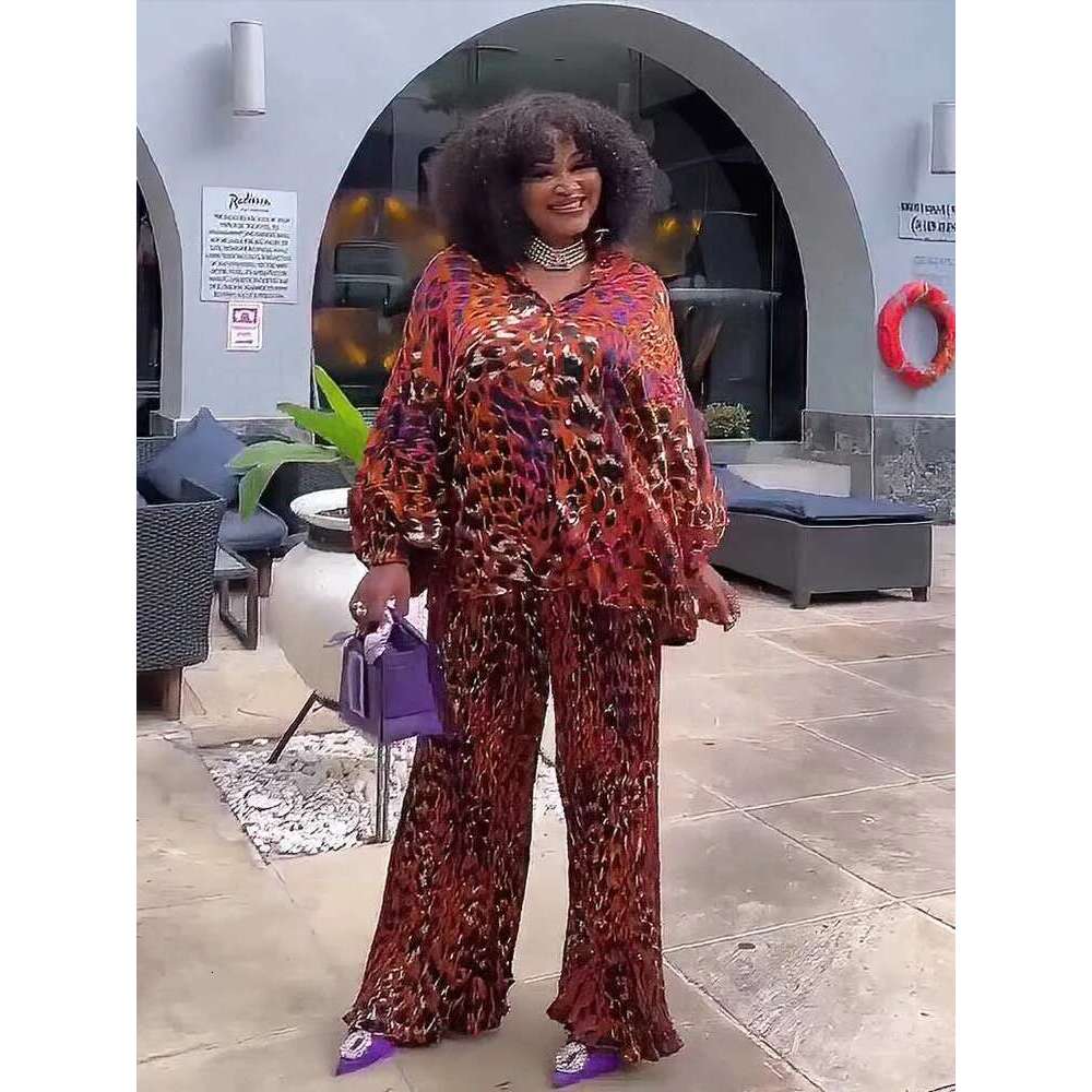 African 2 Piece Women Outfit Loose Casual Long Top Shirt and Pant Set Autumn Plus Size Matching Sets Pleated Trouser Suit