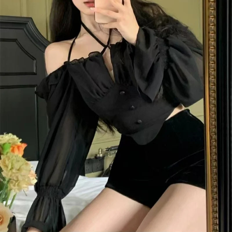 Vintage Slash Neck Flare Sleeve Womens Crop Top sweet Gothic Y2K Ladys Shirts Blouses Lace Up Sexy Black Chiffon 250514