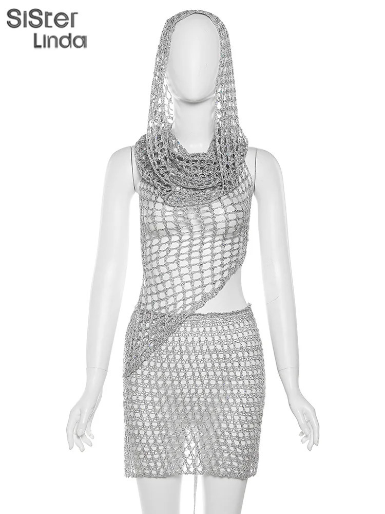 Sisterlinda Sequins Hooded Women 2piece Set Sleeveless Asymmetrical Bandage Backless Tank TopsPeach Hip Skirt Midnight Clubwear 250513