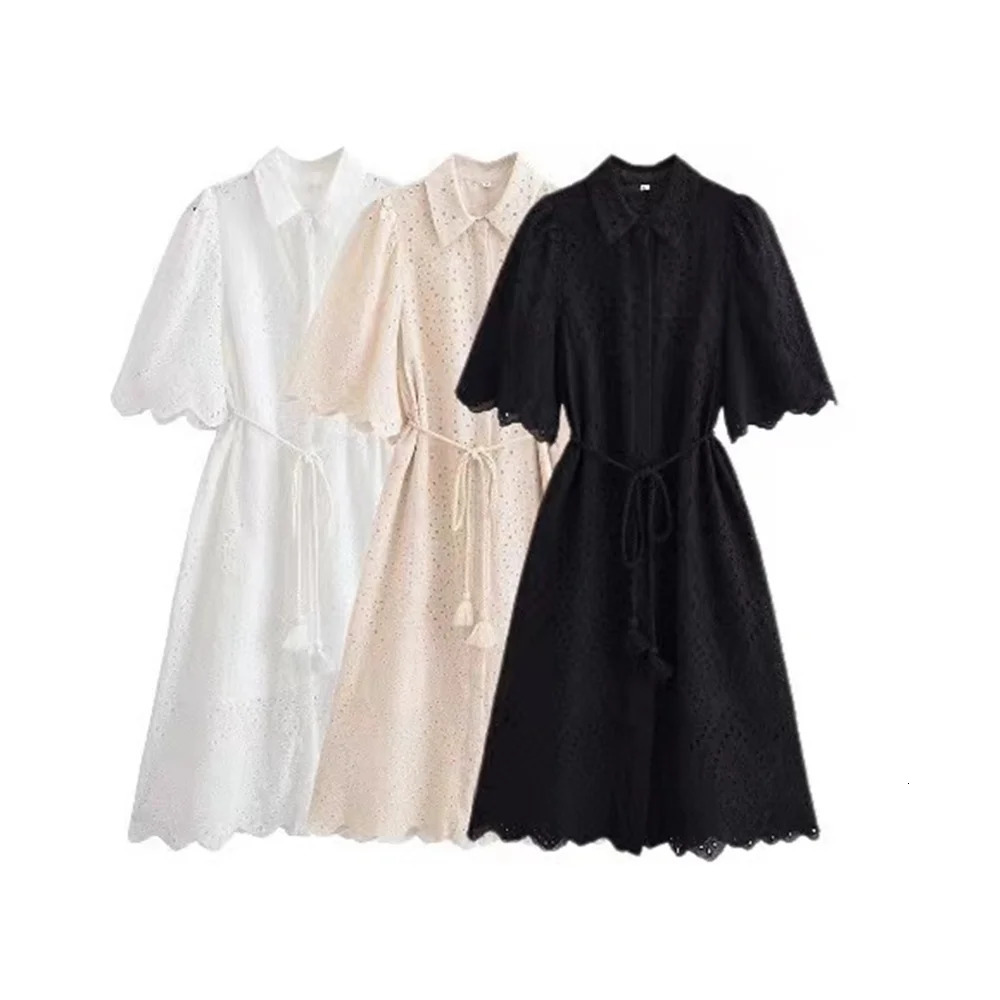 UNIZERA Womens Loose Collar Belt Flower Hollow Dress Solid Color Buckle Decoration SpringSummer Casual Wear 250514