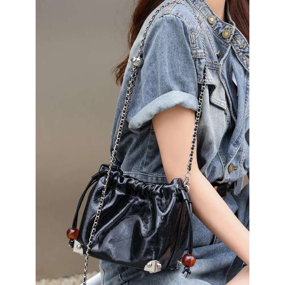 Spring Summer Women Drawstring Small Bucket Cow Split Leather Chain Bag Casual Handbag Ladies Single Shoulder Crossbody Bags