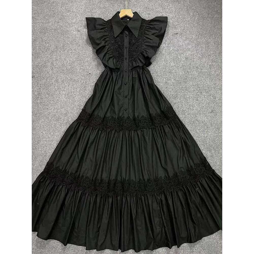 VGH Solid Patchwork Lace Elegant Dresses For Women Lapel Flying Sleeve High Waist Sliced Single Breasted Dress Female Fashion