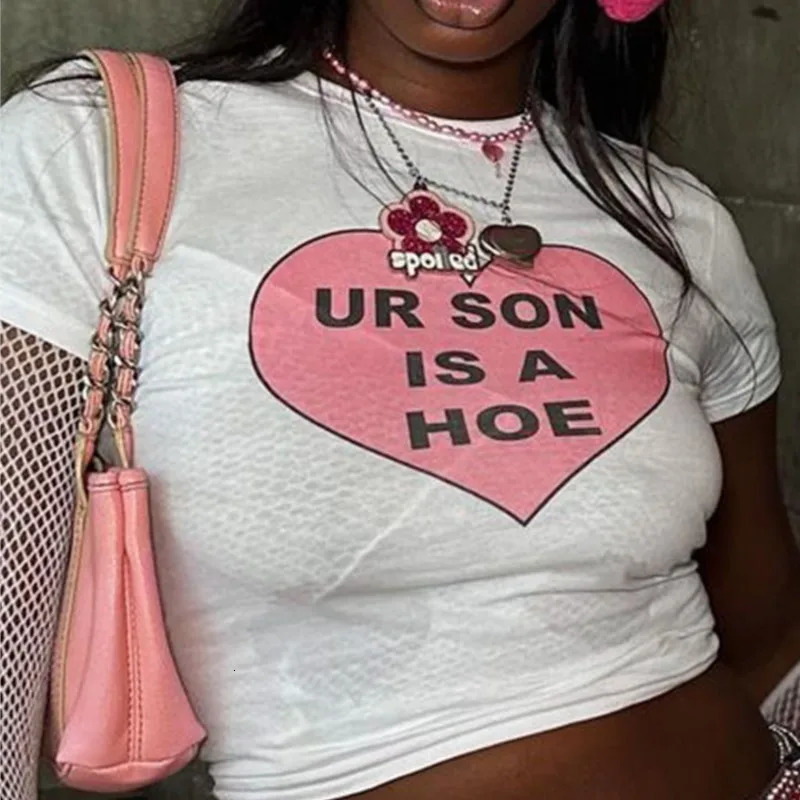 Y2K Style Letter HeartShaped Print Gothic Crop Tops ONeck Grunge HipHop Short Leeve Tshirts Women Clothes Fashion Woman 250514