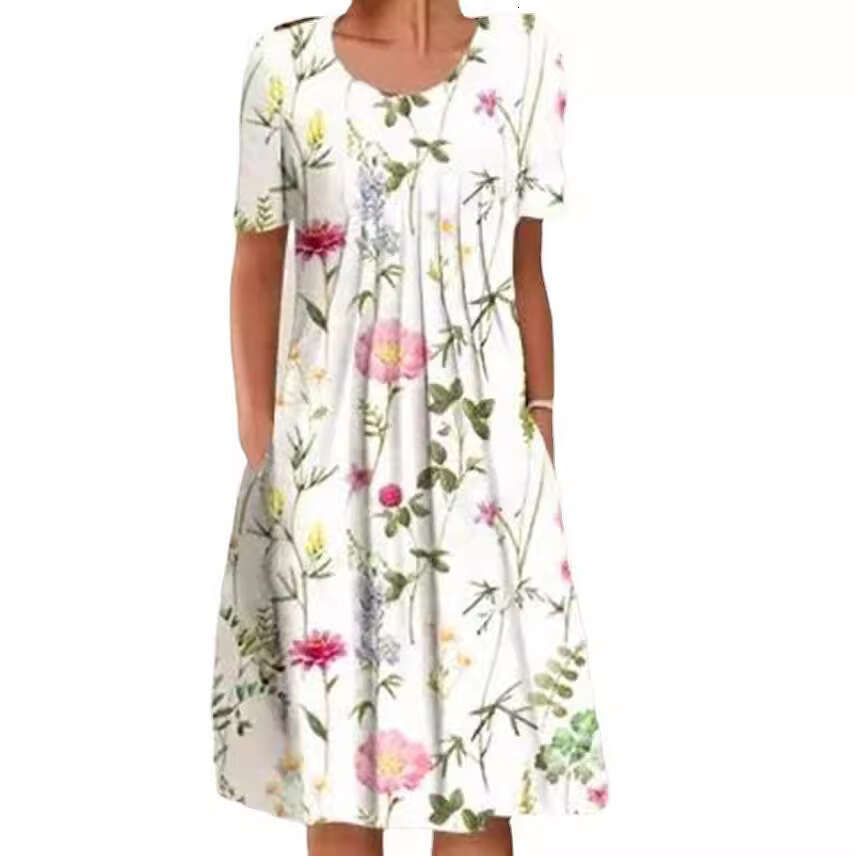 Women Clothes Dress TEMU Large Size Spring Summer Women S Elegant Big Swing Skirt Round Neck Printed Short Sleeve Dress KQ