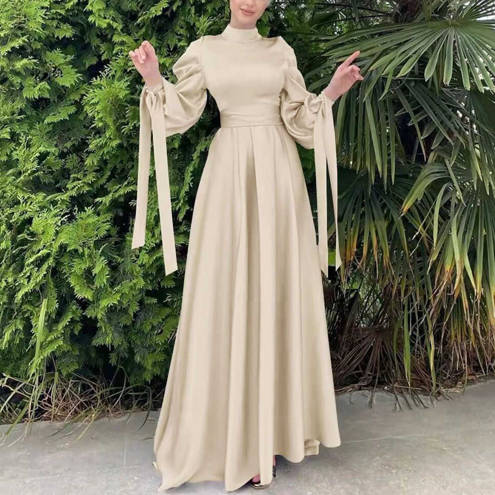 Fashion Gentle Light Long Maxi Muslim Dress Elegant Bow Lace Up Slve Tunic Waist Temperament Islamic Prayer Clothes X250514