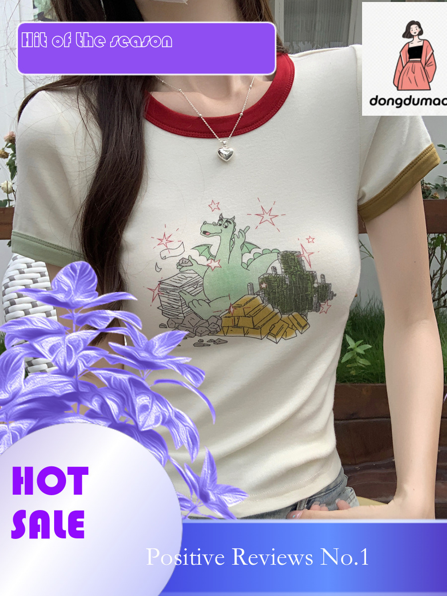 dongdumaoyi American printed shoulder sleeved T-shirt for women in summer, contrasting color round neck sweet spicy girl slim fit and slimming short t
