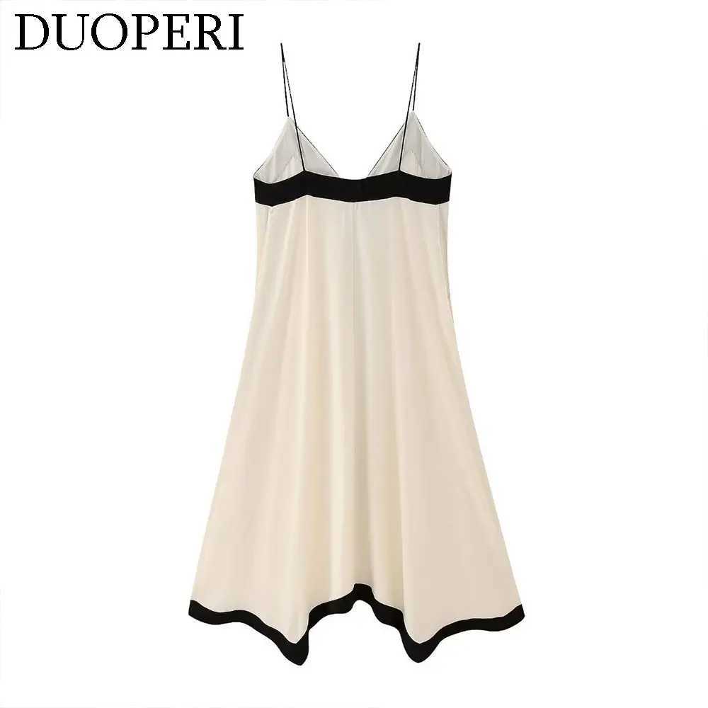DUOPERI Womens Fashion Patchwork Loose Midi Camisole Dress V-Neck Backless Thin Straps Female Chic Lady Casual Long DressXJ250514