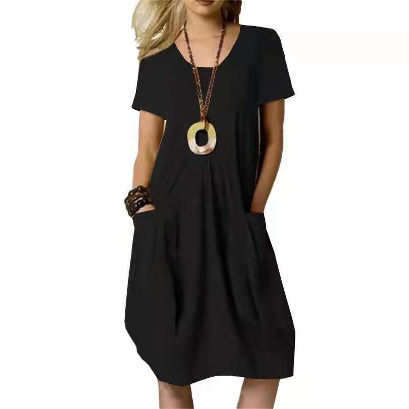 Women Clothes Dress Summer New Cotton Linen Solid Loose Round Neck Short Sleeve Dress KQ