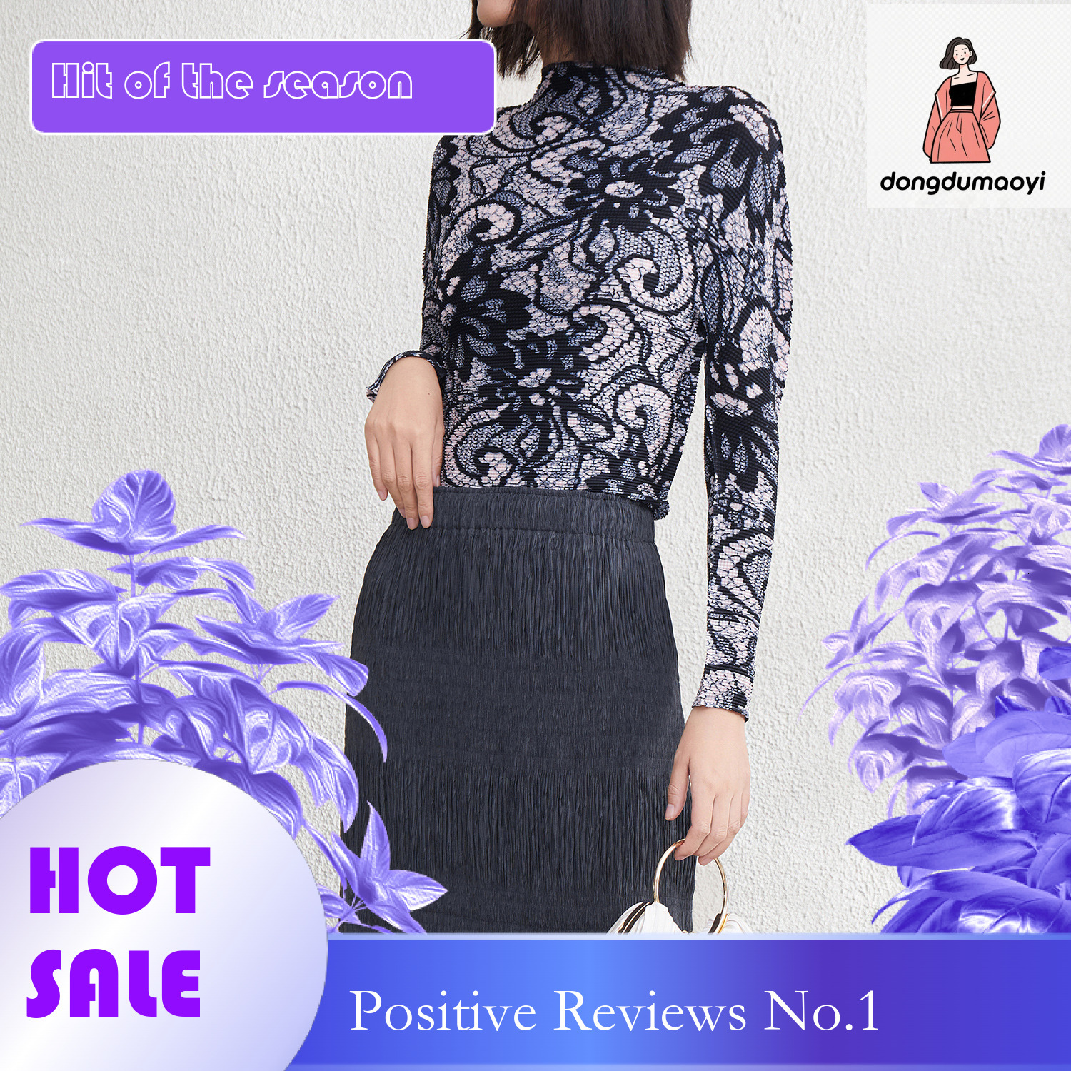 dongdumaoyi Wrinkled Fashion Printed Mesh Bottom Shirt for Women, Spring 2025 New Style, Stylish Small Shirt, Inner Top Looks Thin
