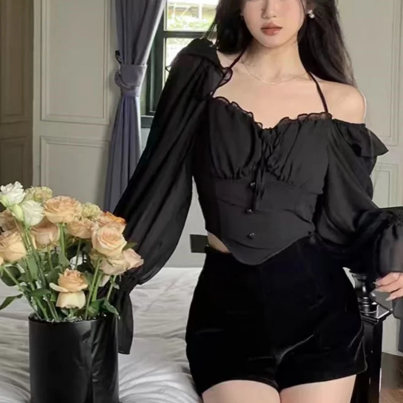 Vintage Slash Neck Flare Sleeve Womens Crop Top sweet Gothic Y2K Ladys Shirts Blouses Lace Up Sexy Black Chiffon 250514