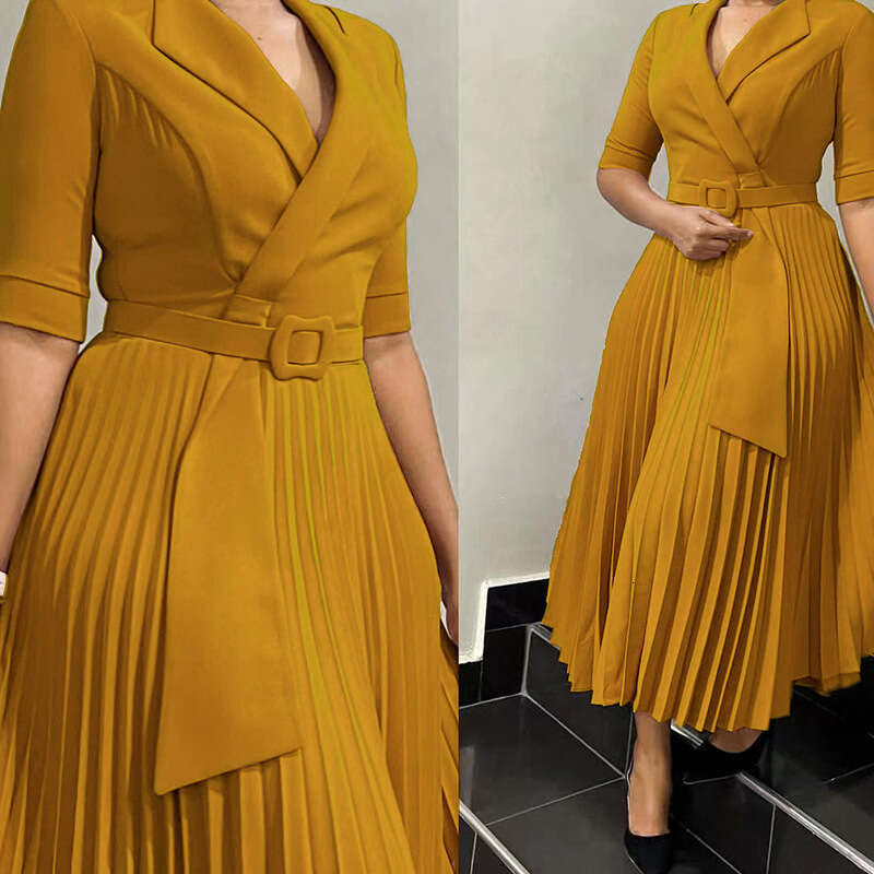 Women's Wear Women's Clothing Autumn And Winter New OL Fashion Suit Collar Pleated Waist Cinched Plus Size Dress
