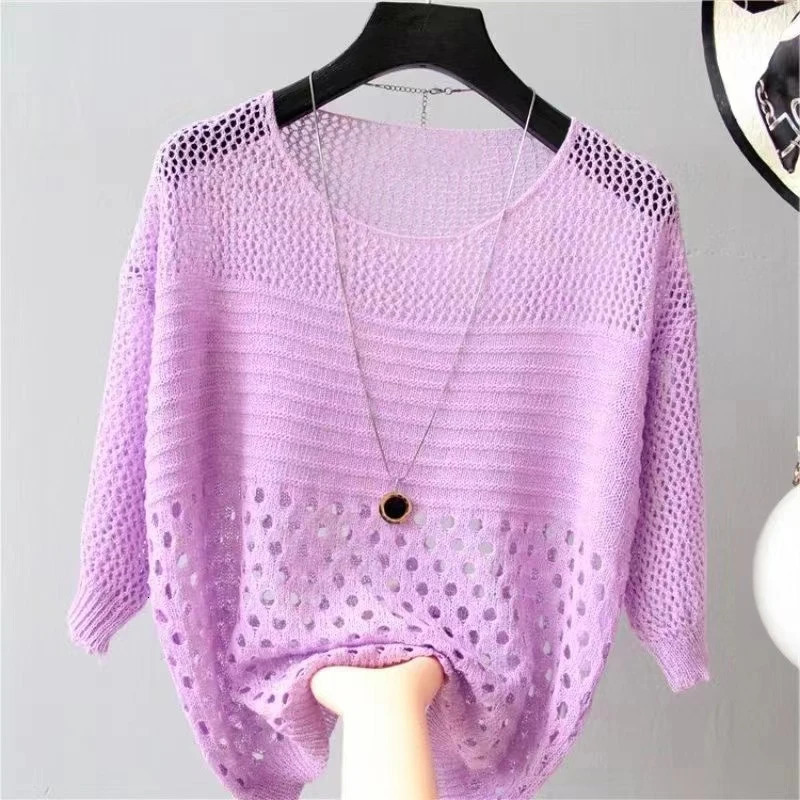 Summer Casual Loose Women Blouse O Neck Fashion Hollow Out See Through Tops Female Blouses Covers Elegant Thin Shirts 250514