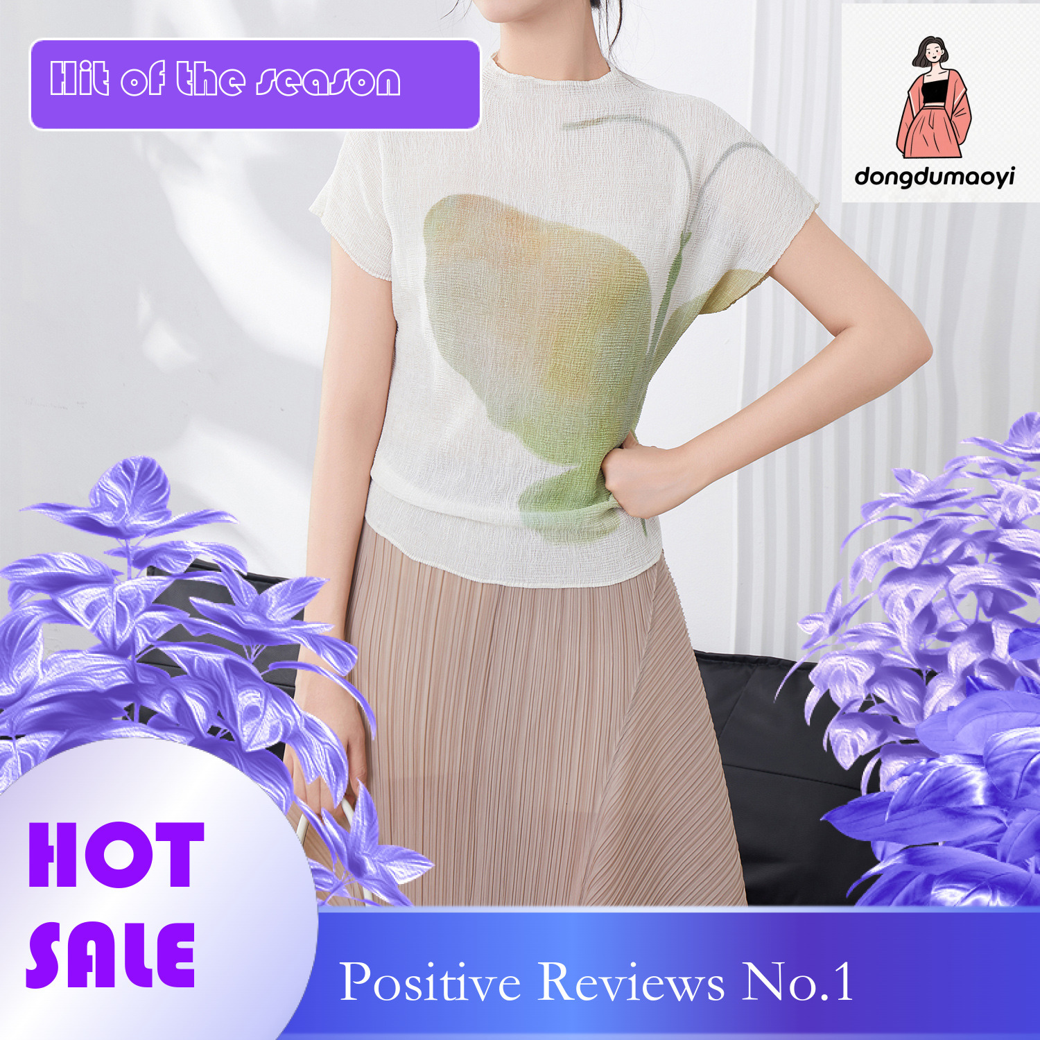 dongdumaoyi Nanyou women's clothing design sense printed short sleeved T-shirt new versatile summer round neck high-end feeling slimming pleated 