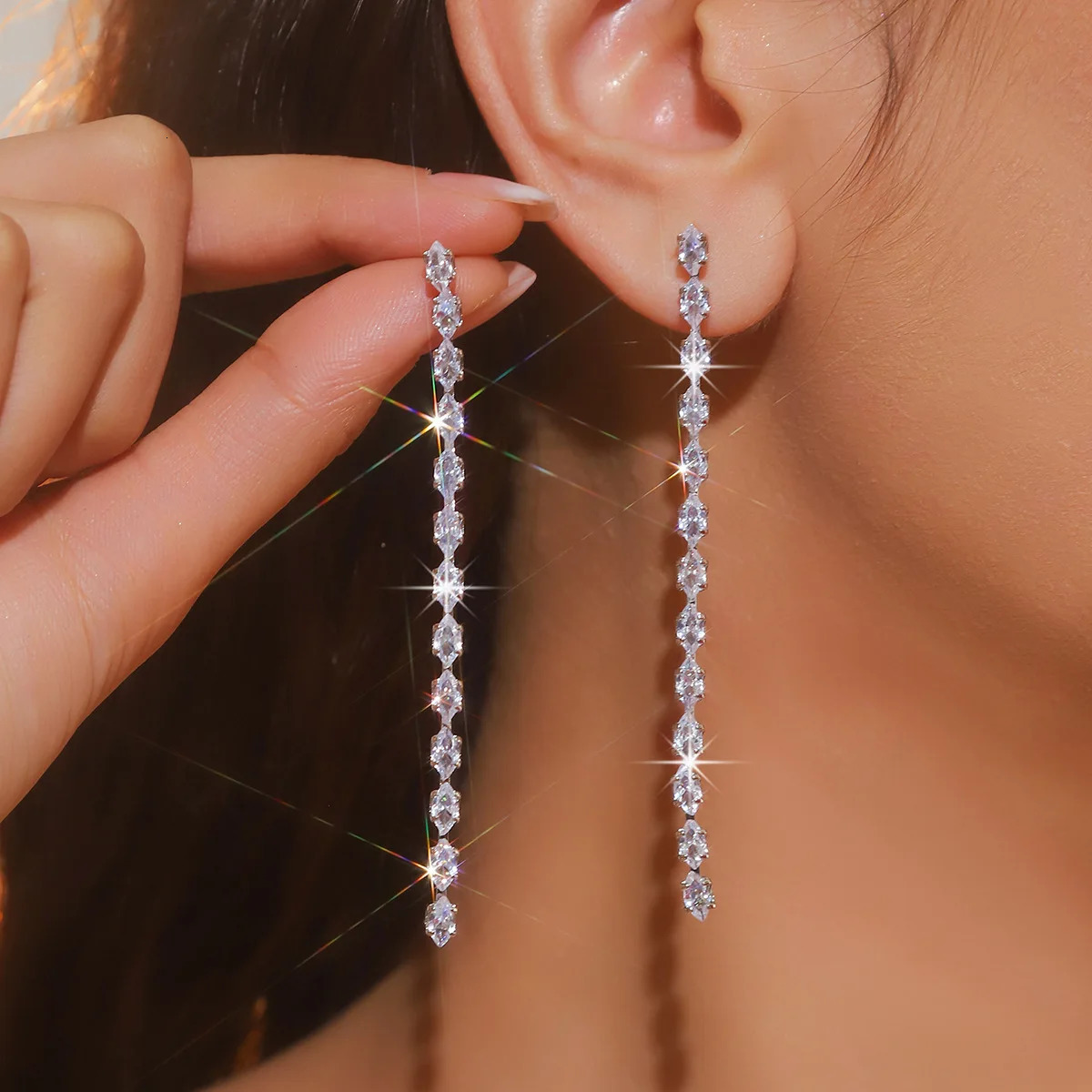 FYUAN Simple Geometric Zircon Crystal Earrings for Women Gold Silver Color Long Tassel Dangle Earrings Party Weddings Jewelry 250513