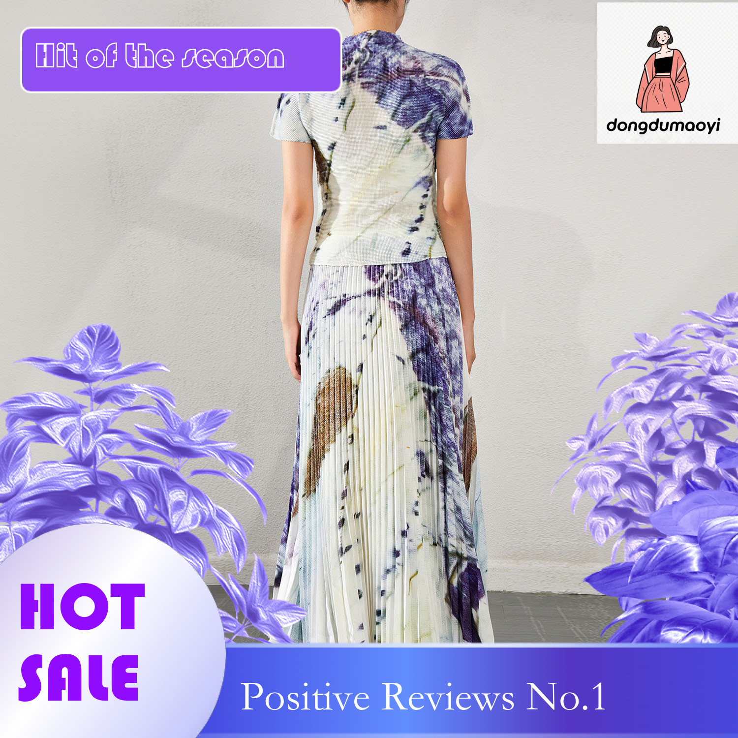 dongdumaoyi Miyake Fashion Printed Top Women's Summer Folded Short Sleeve T-shirt High Waist Slimming Half Body Skirt Two Piece Set Women