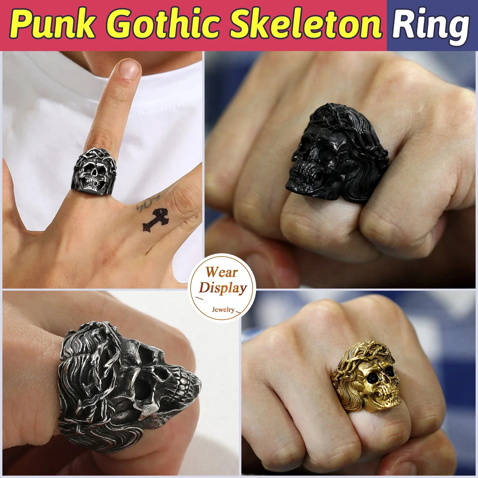 U7 Stainless Steel Big Skull Rings for Man Woman Size 7-14 Cross 3D Skeleton Cuban Chain Celtic Knot Pattern Gothic Punk Jewelry 250509