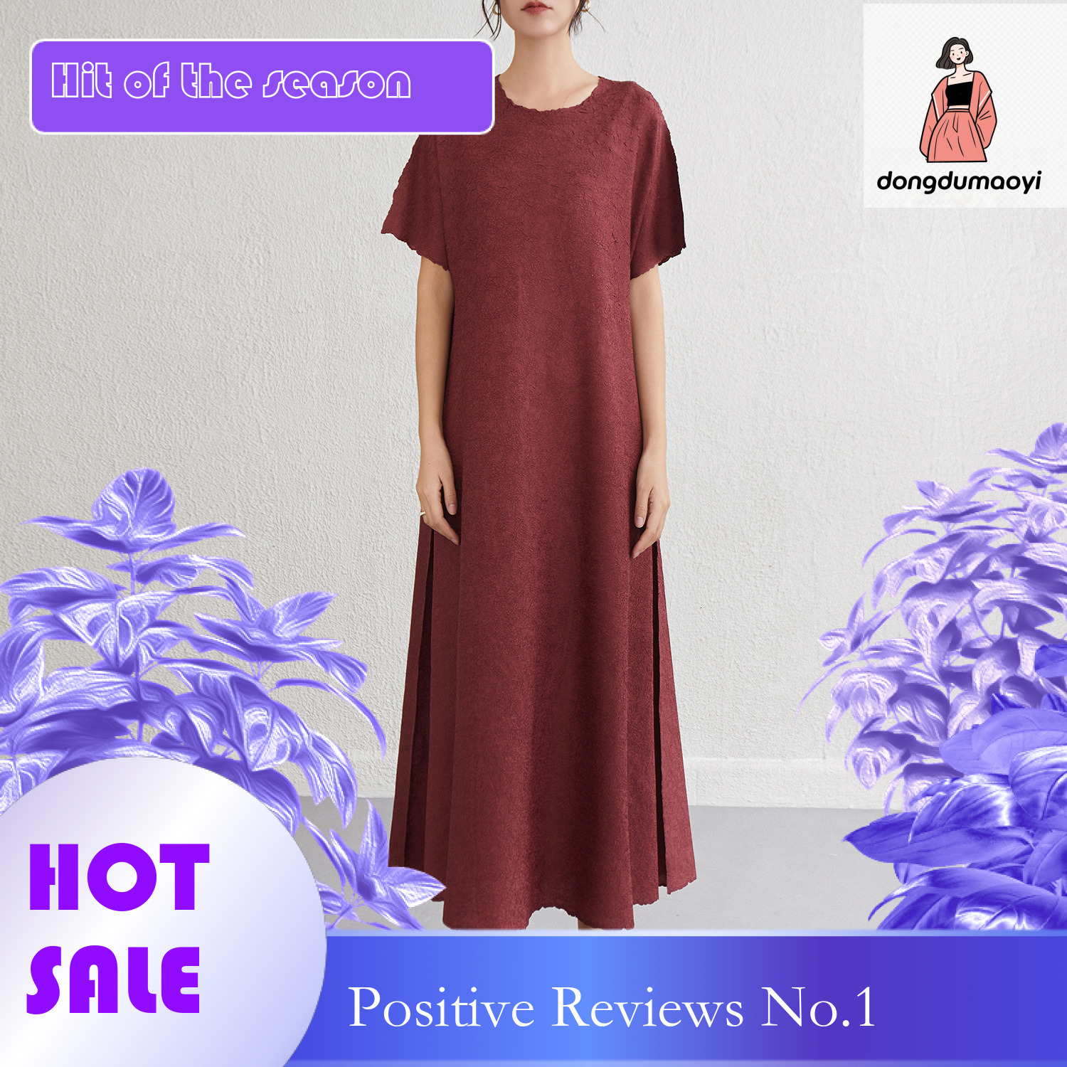 dongdumaoyi Miyake round neck plus size short sleeved A line long for women in summer wearing it outside looking fat and slim simple dress solid color