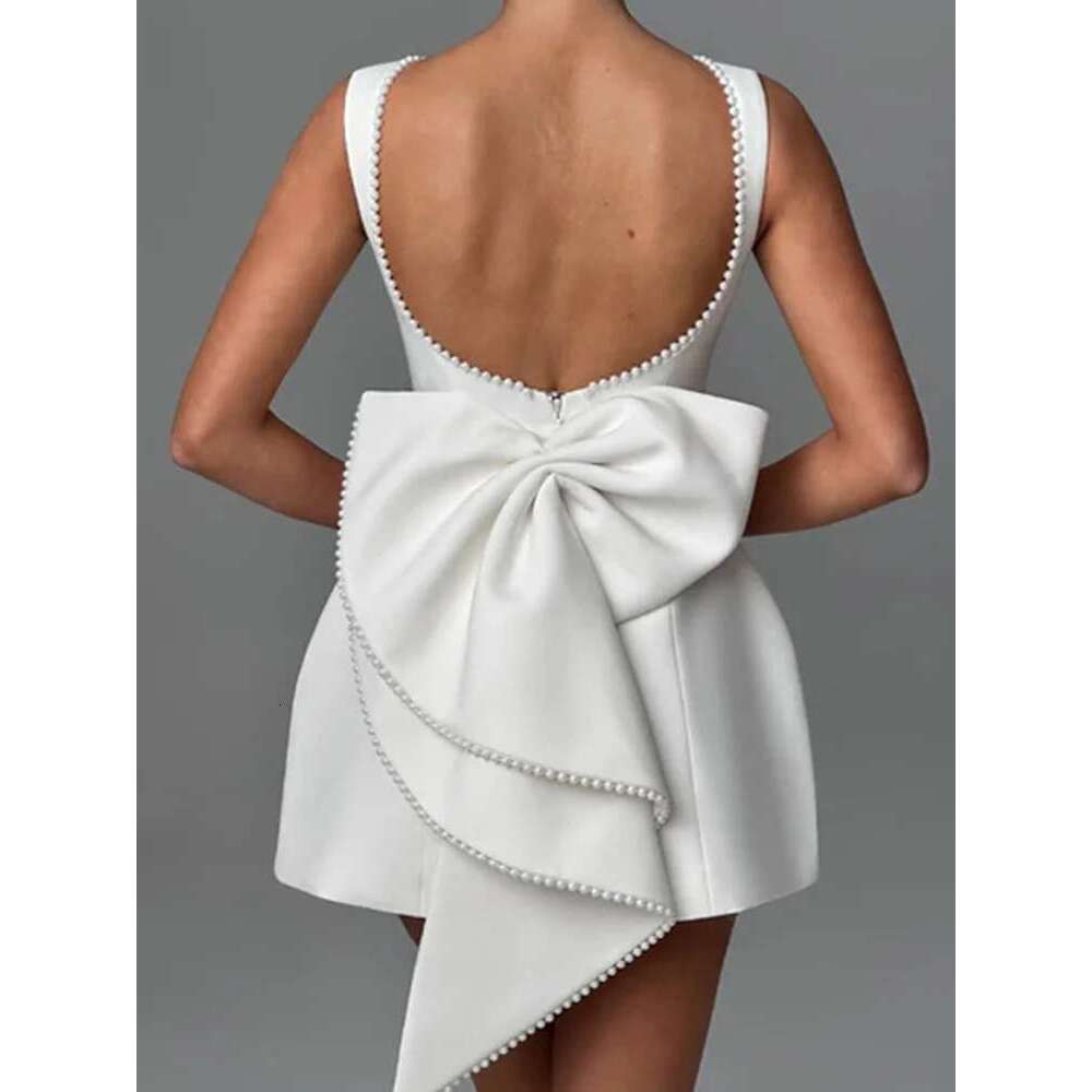 2025 New Spring Summer Dresses Chic Birthday Evening Y2K Elegant Pearl Solid Bow Backless Short Women Sleeveless Mini Dress