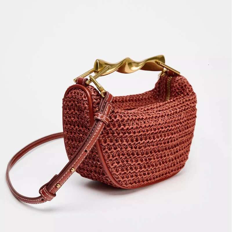 Summer Rattan Woven Crossbody Shoulder Bag,Half-Moon Beach Tote Bag,Women Designer Purse,Casual Metal Handle Straw Handbag