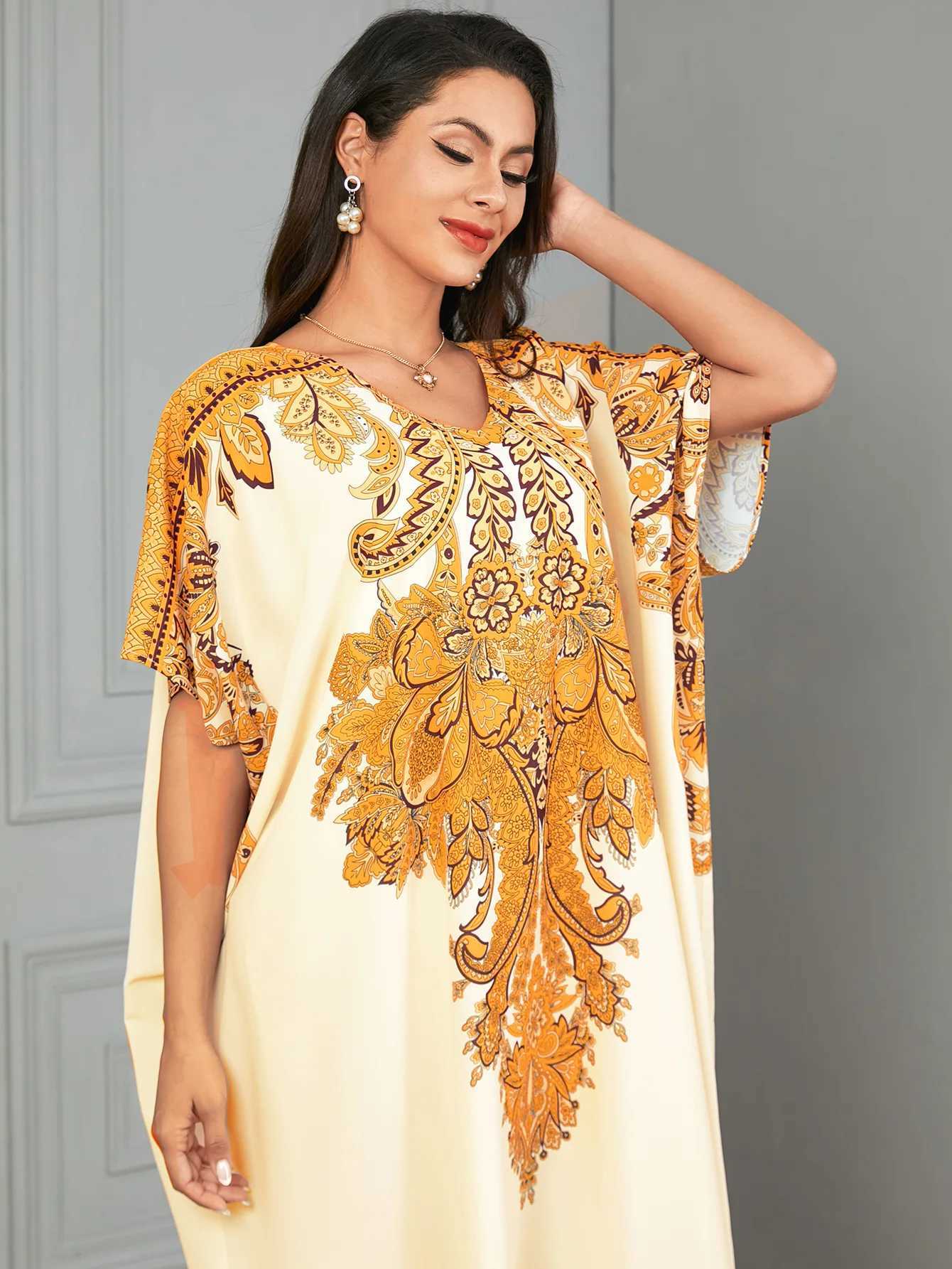 Morocco Summer Loose Kaftan Women Muslim Print Short Slve Maxi Dress Dubai Abaya Turkey Caftan Marocain Femme Robe Vestidos X250514