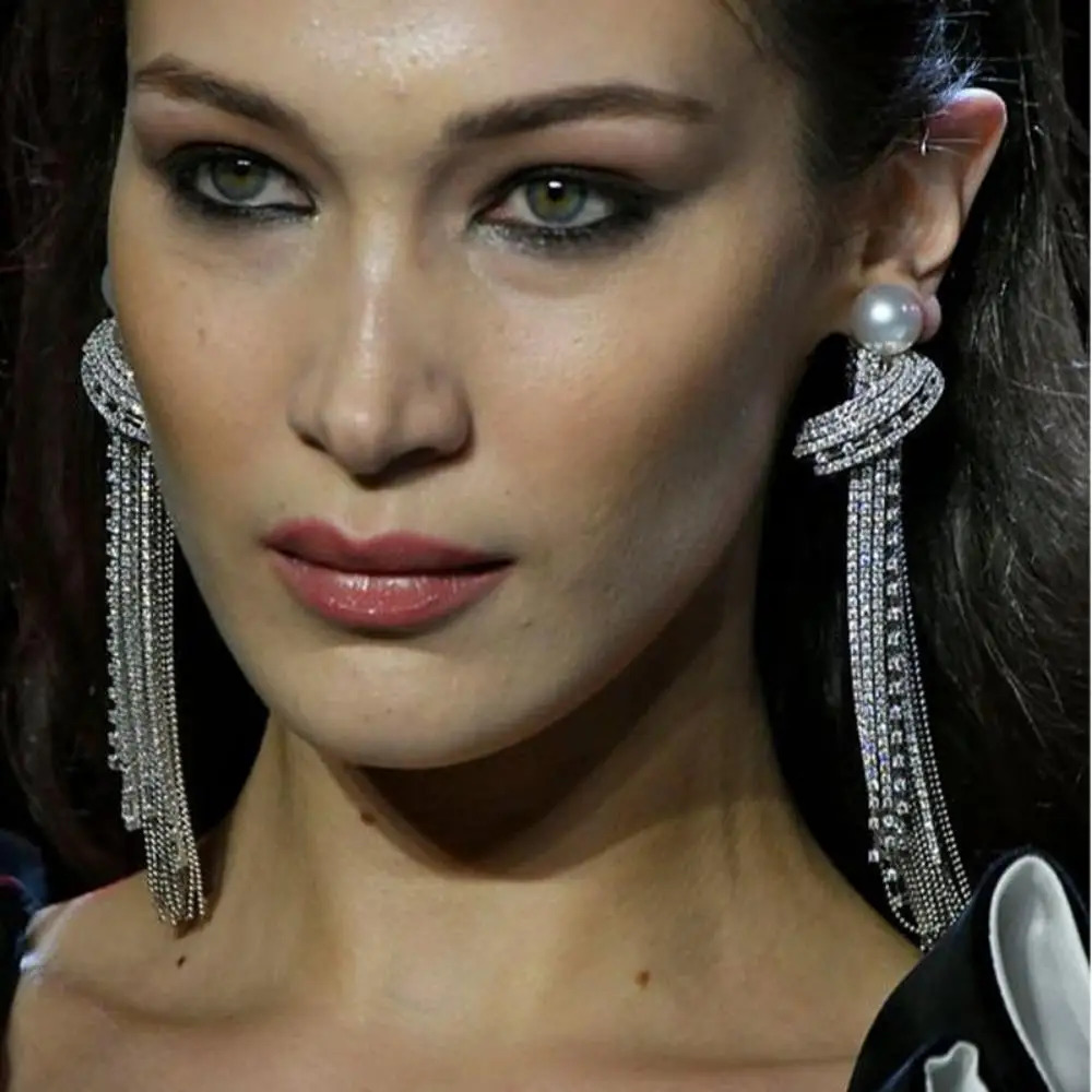 Elegant Long Tassel Rhinestone Drop Earrings Piercing Bridal Gift Square Pearl Geometric Dangle Earrings Wedding Jewelry 250513