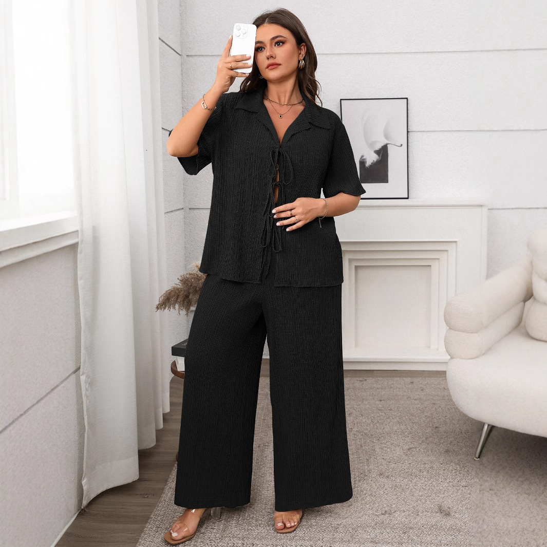 Fashion womens clothing 2025 spring and summer temperament casual short sleeved top knitted pants set