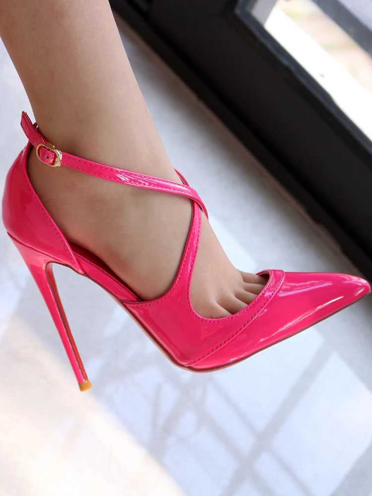 Rose red patent leather high heels ultra light lipstick sole customized size pointed cross strap sandals 12CM W250514