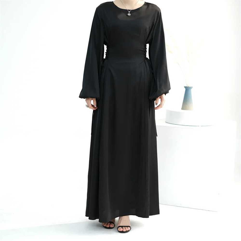 Lace Up Satin Dress Muslim Women Long Slves Dubai Turkey Modest Robe Islamic Clothing Elegant Abaya Gown Ramadan Eid Party X250514